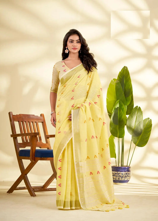 Yellow Linen Silk Saree with  Zari Border