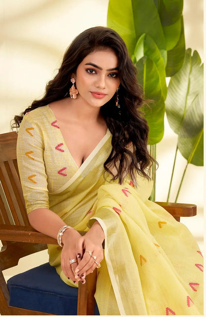 Yellow Linen Silk Saree with  Zari Border