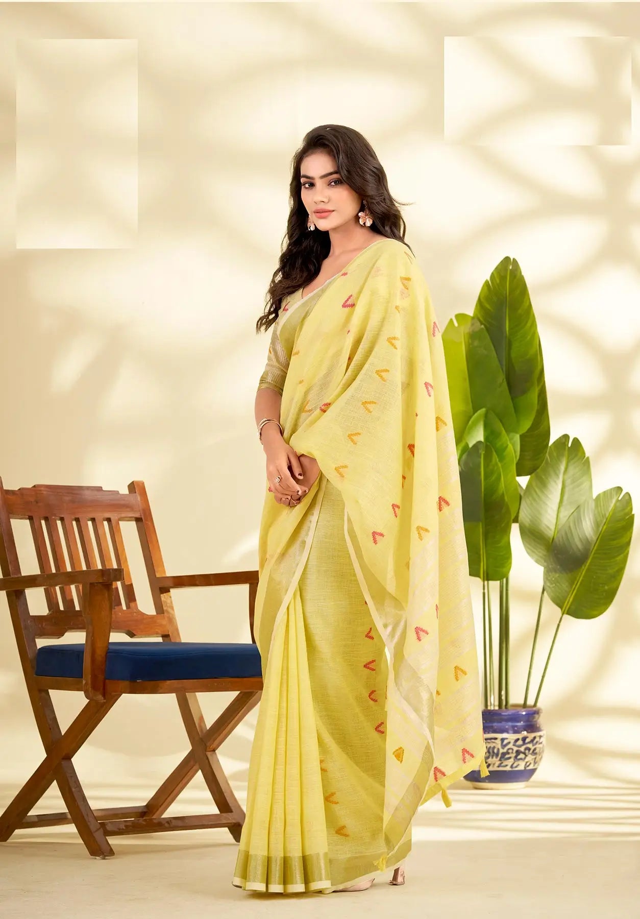 Yellow Linen Silk Saree with  Zari Border
