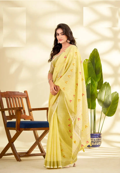 Yellow Linen Silk Saree with  Zari Border