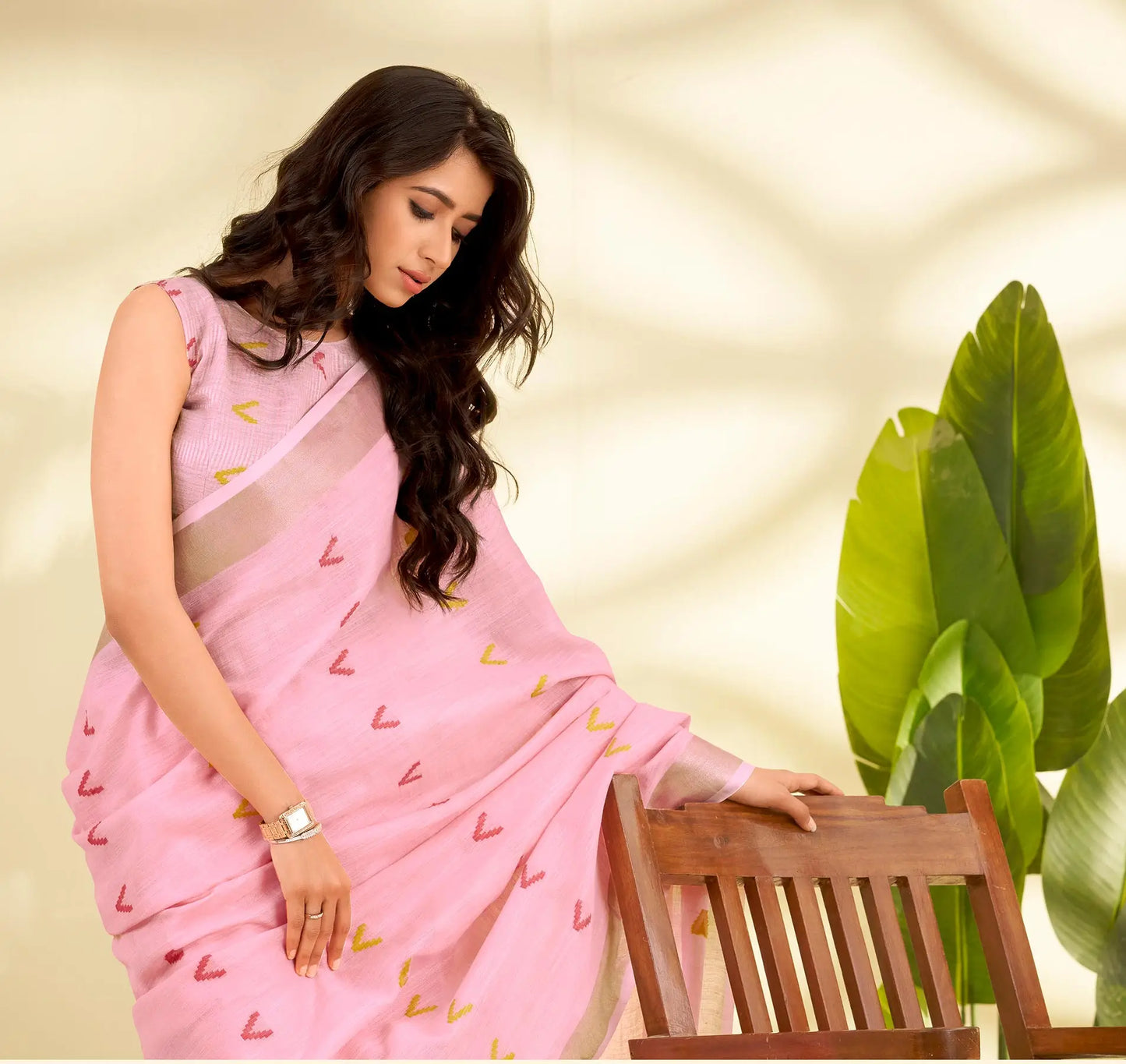 Pink Linen Silk Saree with  Zari Border