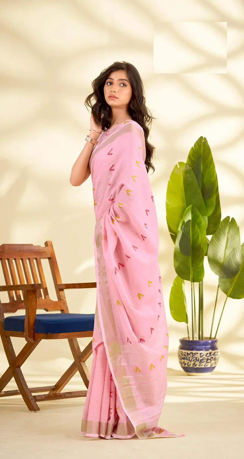 Pink Linen Silk Saree with  Zari Border