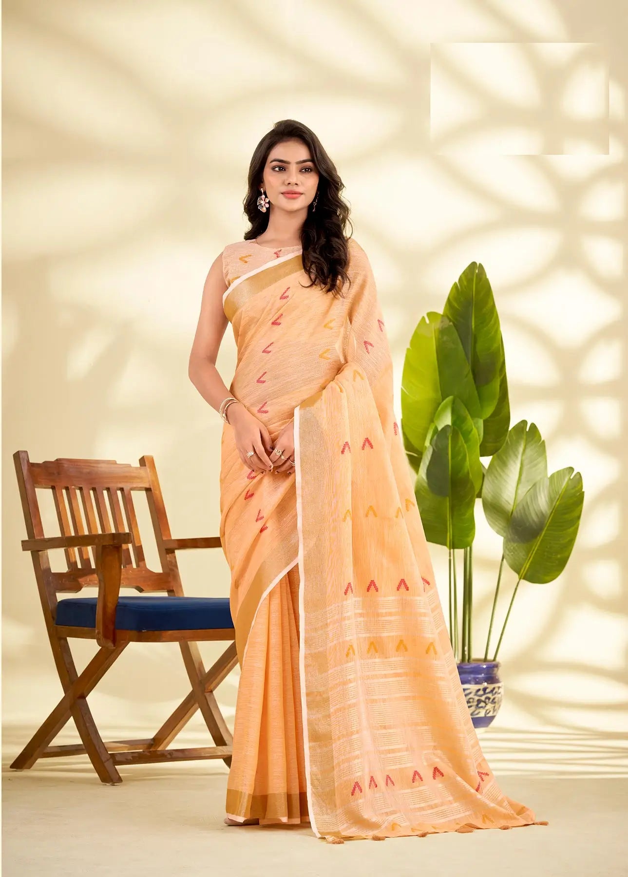 Beige Linen Silk Saree with  Zari Border