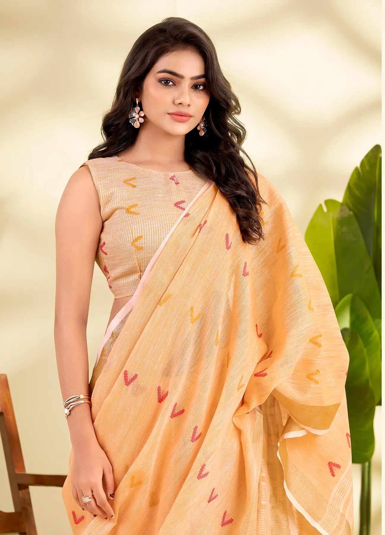 Beige Linen Silk Saree with  Zari Border