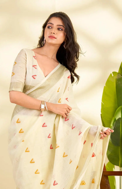 White Linen Silk Saree with  Zari Border