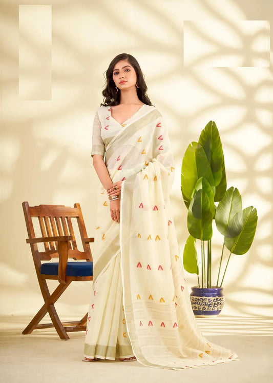 White Linen Silk Saree with  Zari Border
