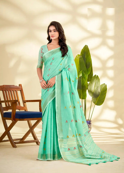 Teal Green Linen Silk Saree with  Zari Border