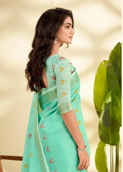 Teal Green Linen Silk Saree with  Zari Border