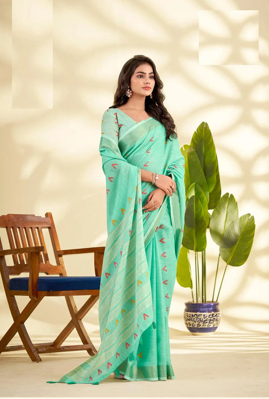 Teal Green Linen Silk Saree with  Zari Border