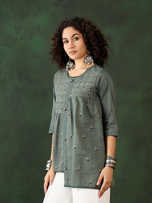 Green Round Neck Short Kurti - Guldori