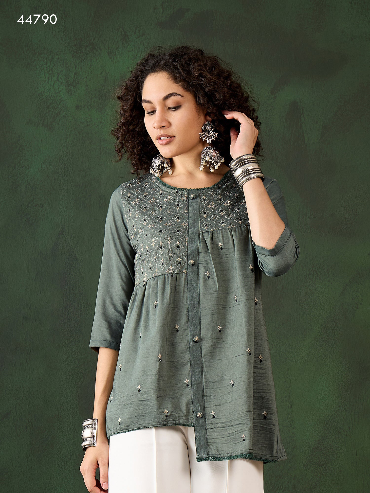 Green Round Neck Short Kurti - Guldori