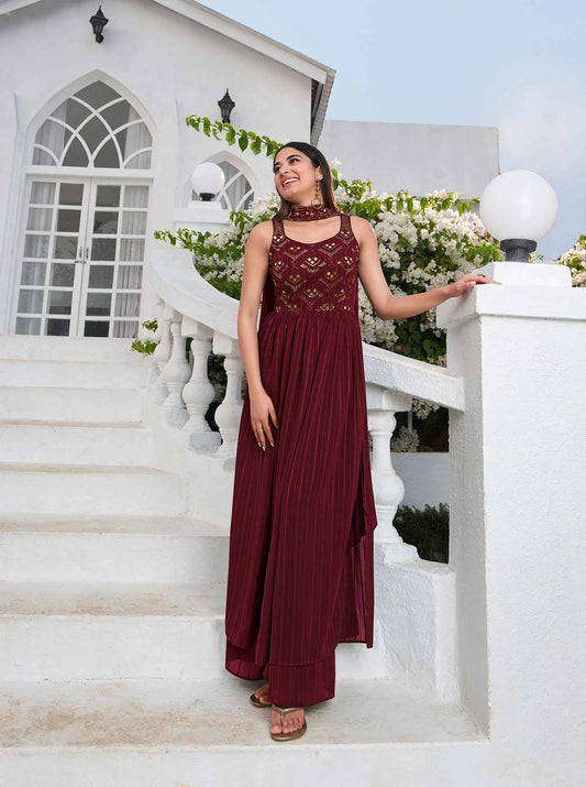 Maroon Georgette Palazzo Salwar Suit With Thread And Sequins Embroidered Work