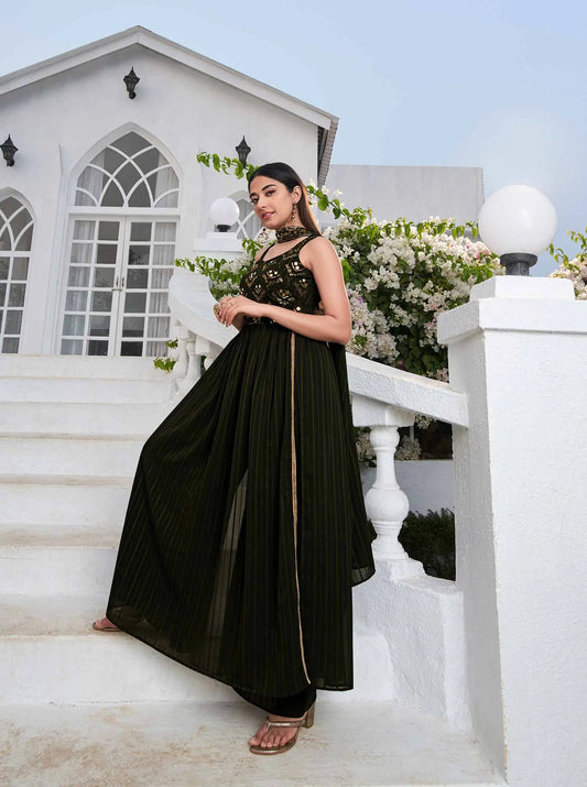 Olive green Georgette Palazzo Salwar Suit With Thread And Sequins Embroidered Work
