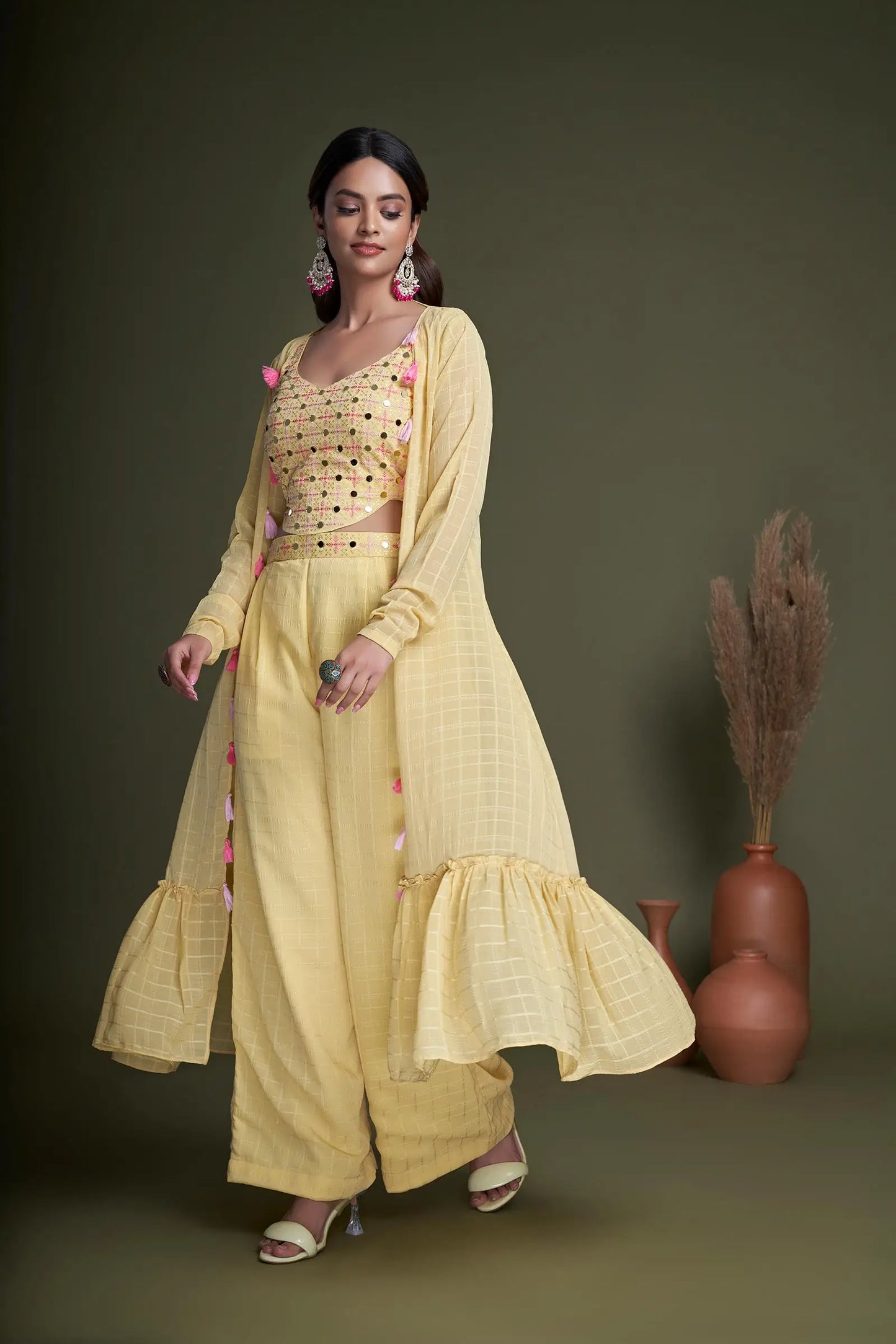Yellow Weaving Georgette Embroidery Work Co-ord Set