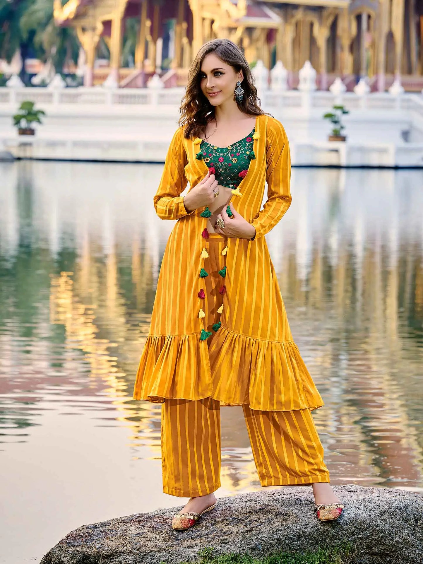 Green Yellow Georgette Embroidery Work Co-ord Set