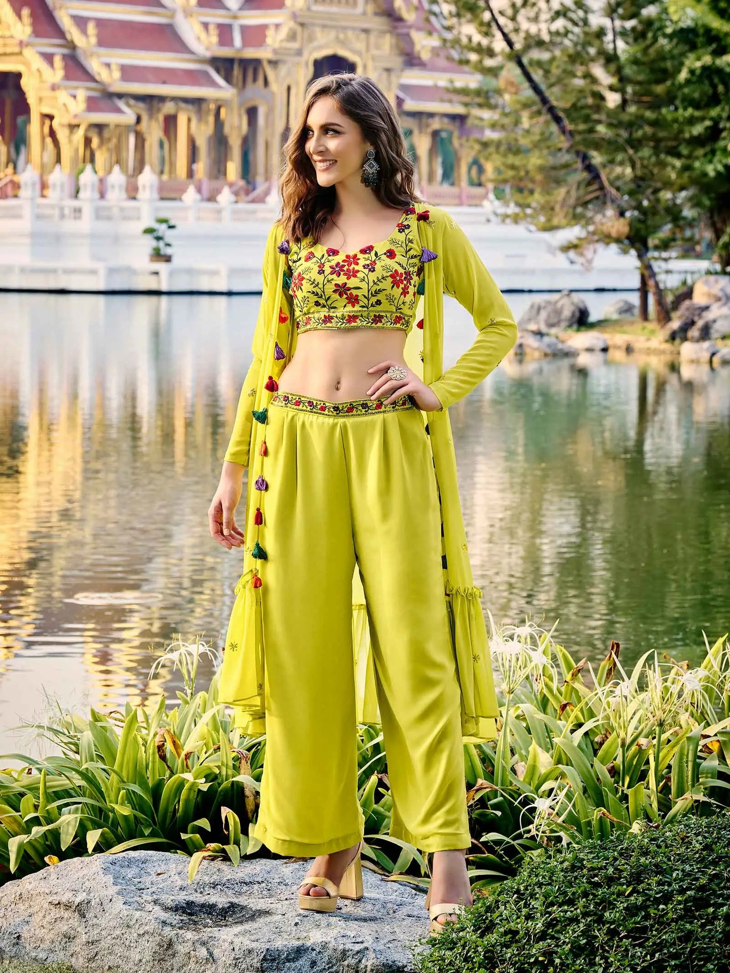Florescence Yellow Georgette Embroidery Work Co-ord Set