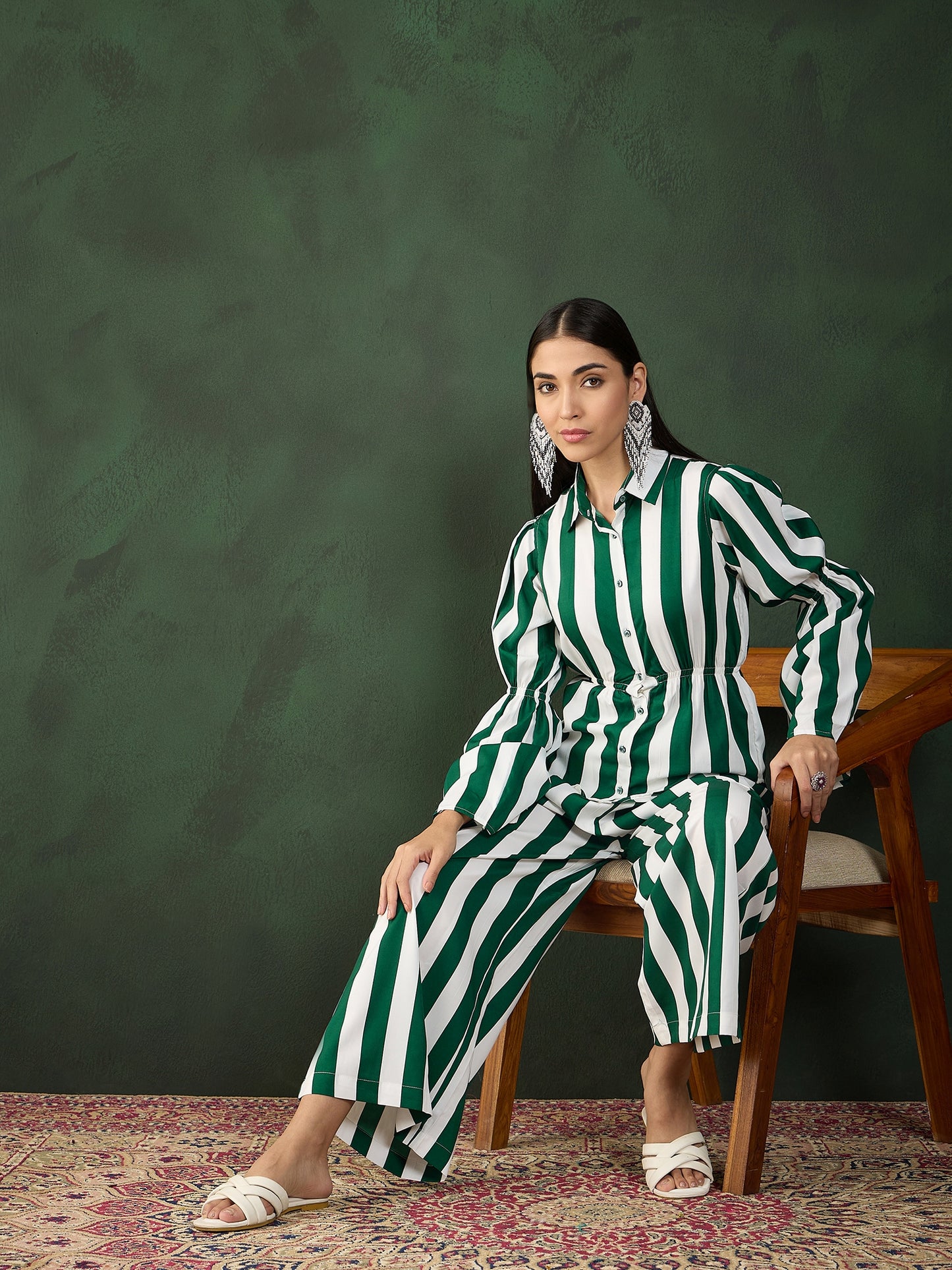 Green Stripe printed Co-ord Set - Guldori