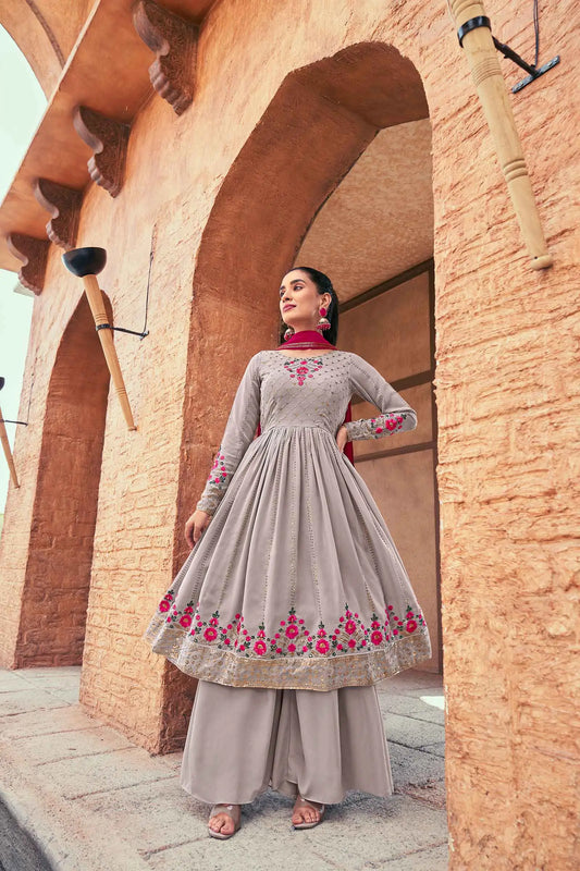 Grey Pink  Georgette Palazzo Salwar Suit With Thread And Sequins Embroidered Work