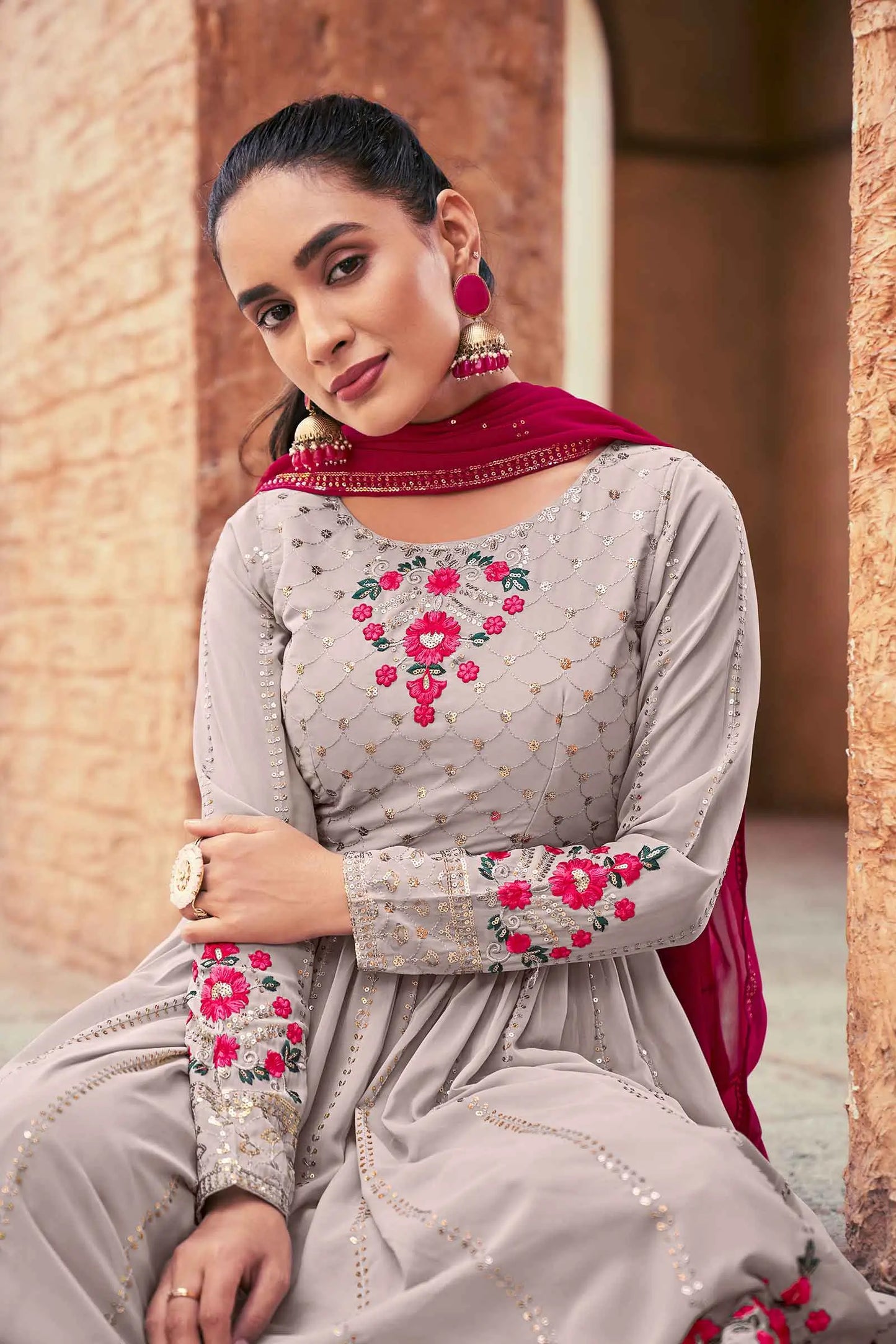 Grey Pink  Georgette Palazzo Salwar Suit With Thread And Sequins Embroidered Work