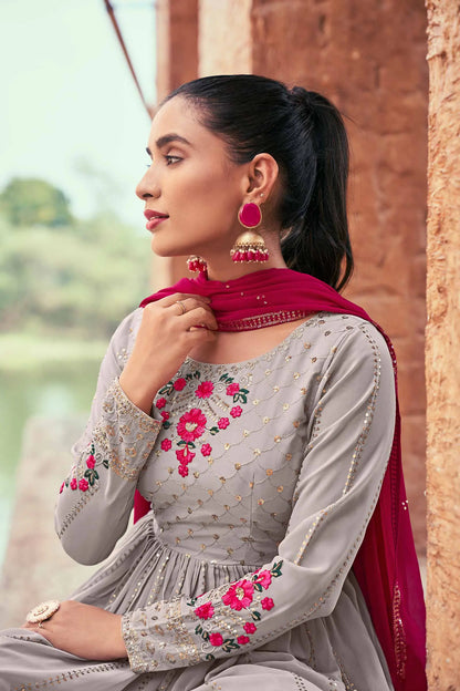 Grey Pink  Georgette Palazzo Salwar Suit With Thread And Sequins Embroidered Work