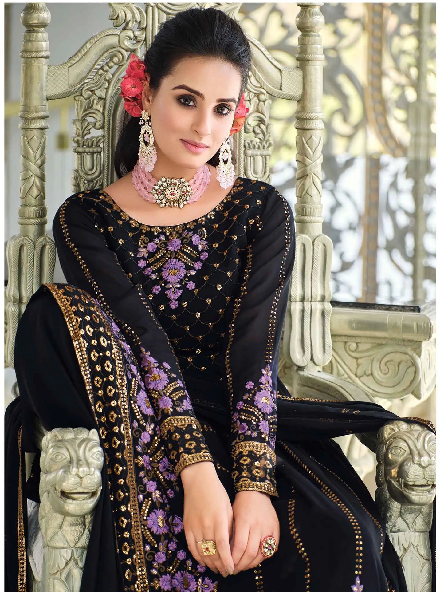 Dark Blue  Georgette Palazzo Salwar Suit With Thread And Sequins Embroidered Work