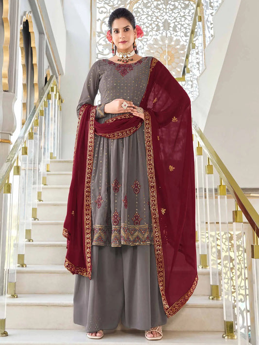 Grey  Georgette Palazzo Salwar Suit With Thread And Sequins Embroidered Work