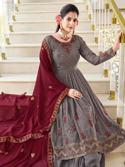 Grey  Georgette Palazzo Salwar Suit With Thread And Sequins Embroidered Work