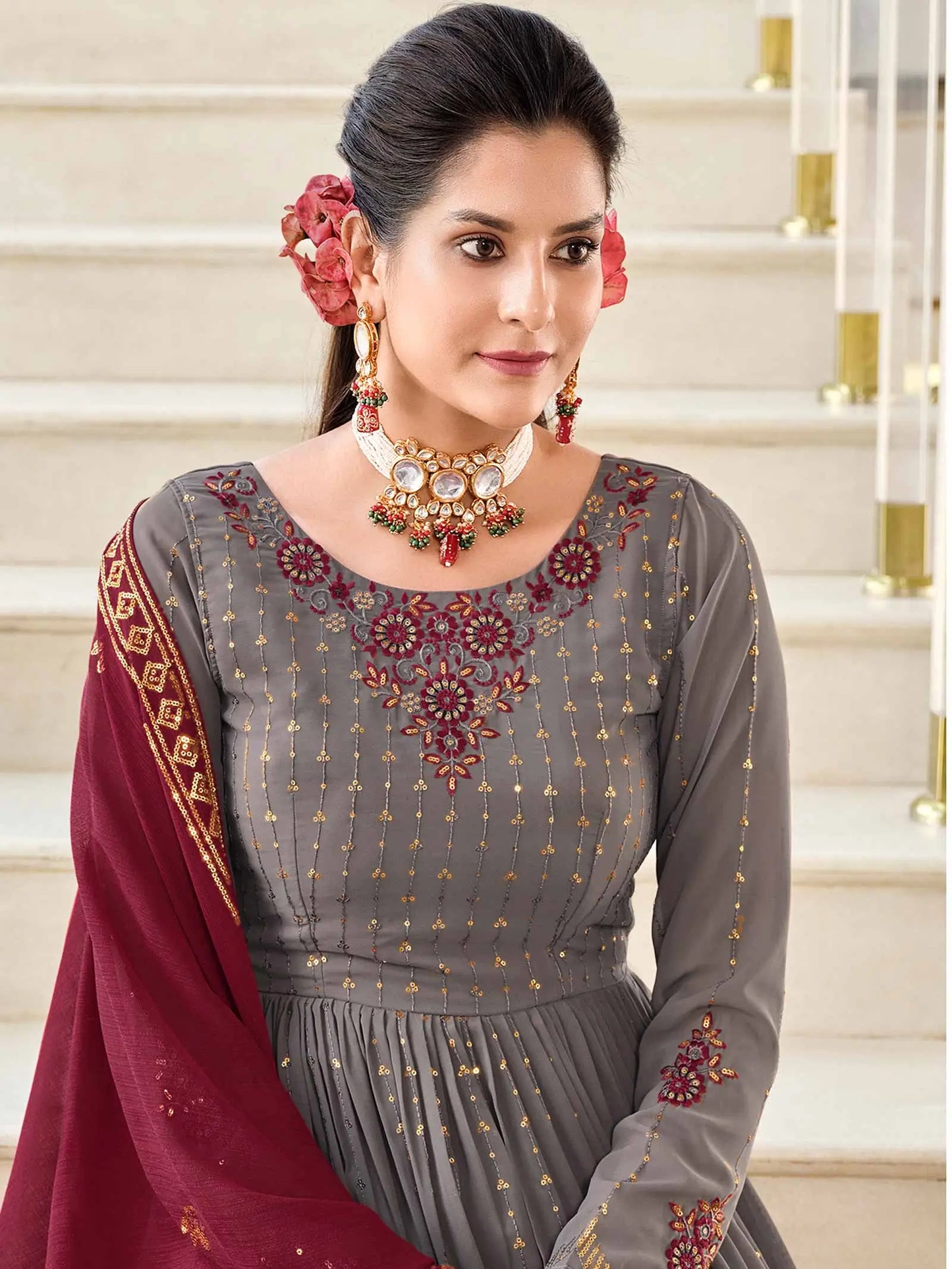 Grey  Georgette Palazzo Salwar Suit With Thread And Sequins Embroidered Work