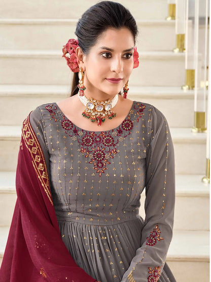 Grey  Georgette Palazzo Salwar Suit With Thread And Sequins Embroidered Work