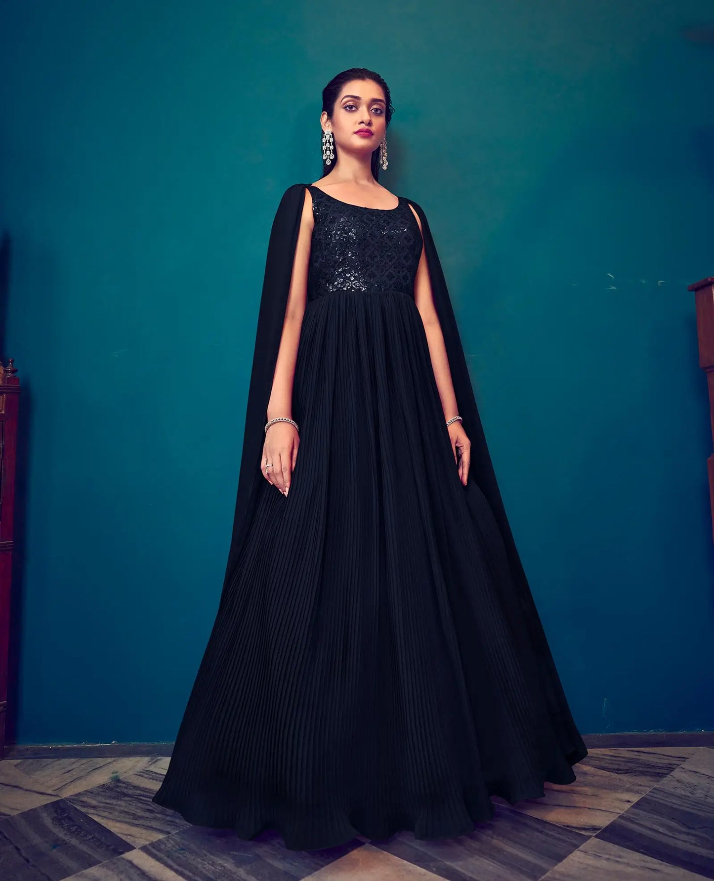 Navy Blue Georgette Designer Gown With Sequins Work