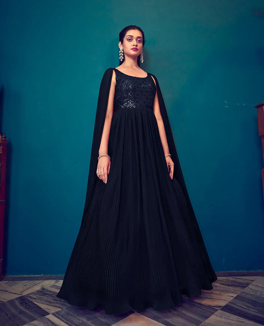 Navy Blue Georgette Designer Gown With Sequins Work