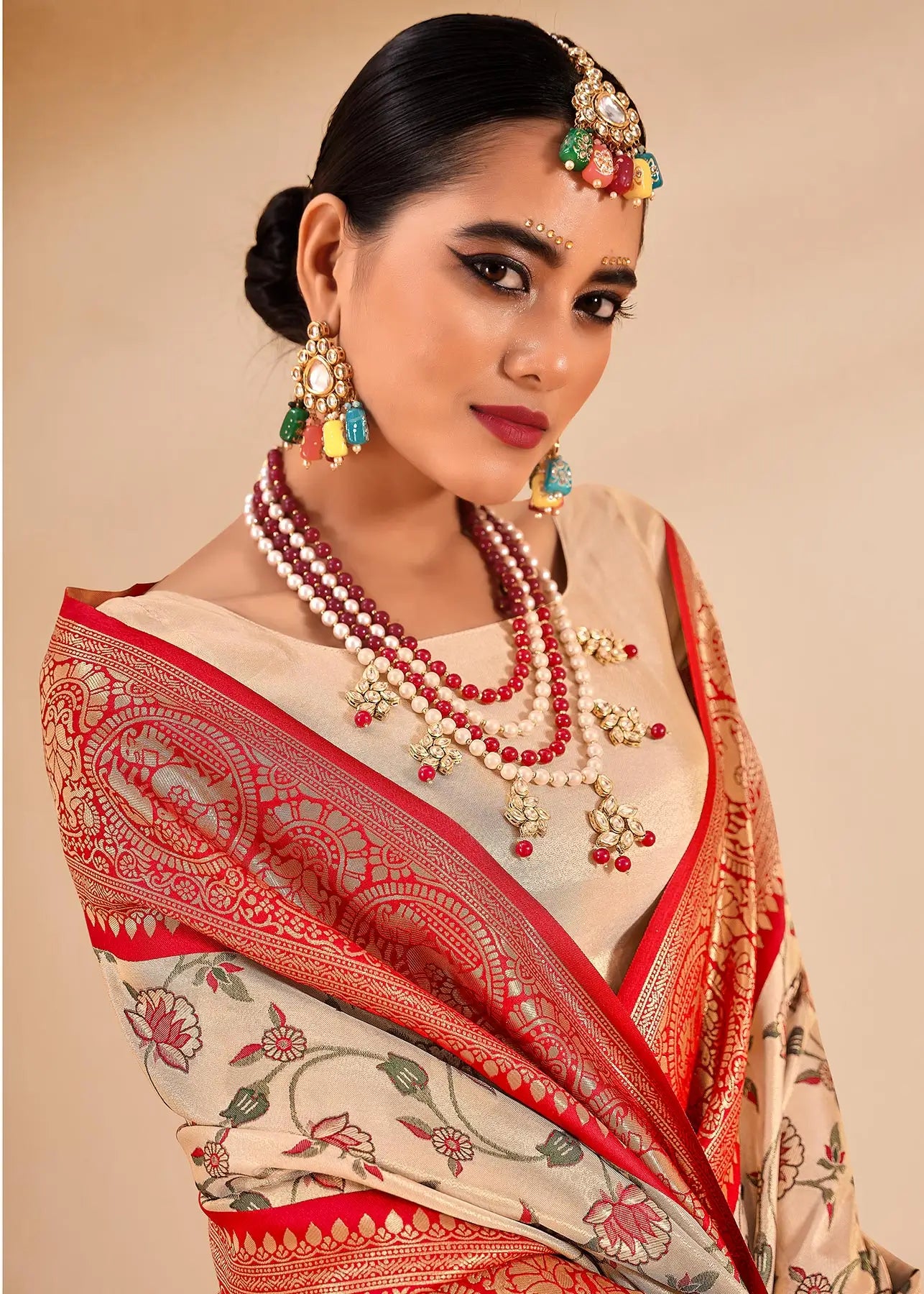 Cream Dharmavaram Tissue Silk Saree with Zari Weaving & Contrast Border