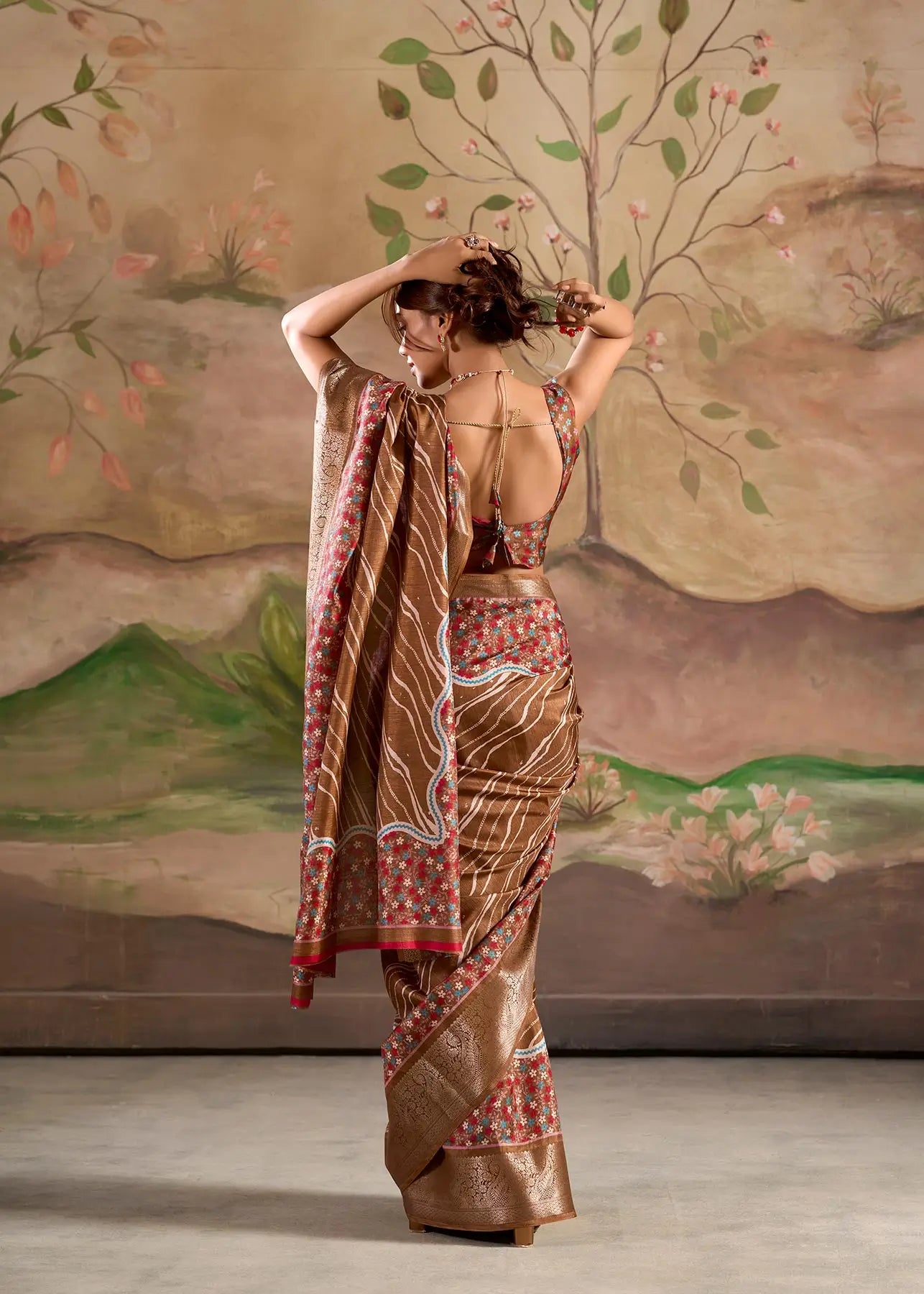 Brown Dola Silk Printed Saree With Zari Border