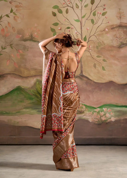 Brown Dola Silk Printed Saree With Zari Border