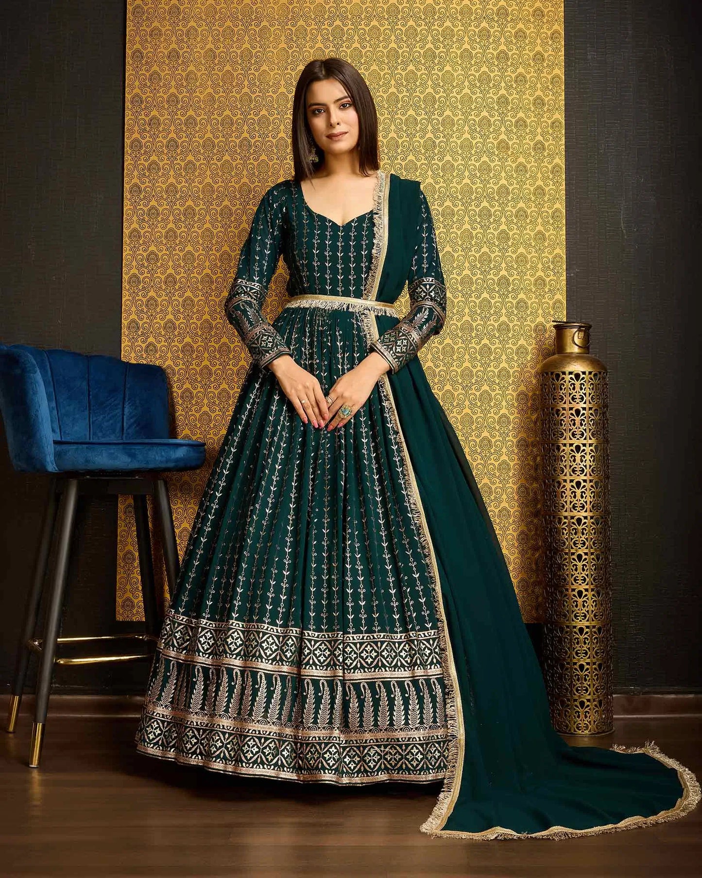 Dark Green Georgette Metalic Foil Work Gown With Dupatta