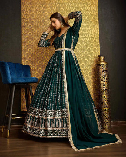 Dark Green Georgette Metalic Foil Work Gown With Dupatta
