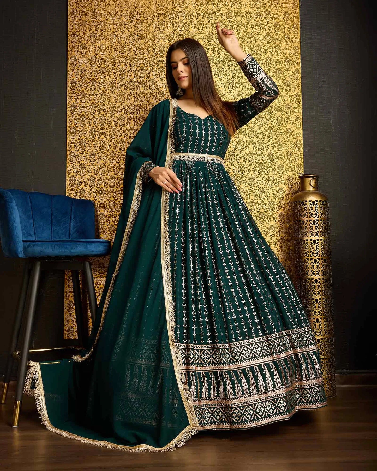 Dark Green Georgette Metalic Foil Work Gown With Dupatta