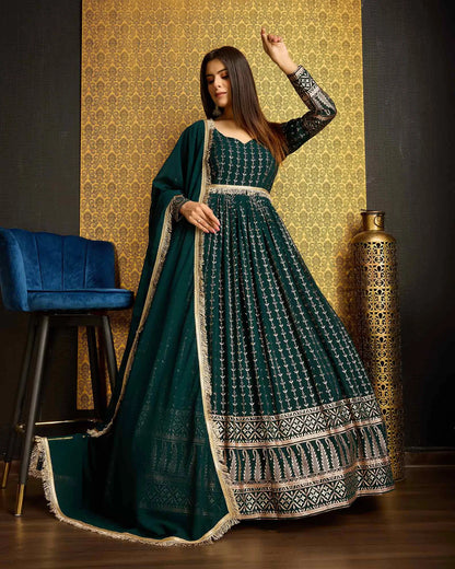 Dark Green Georgette Metalic Foil Work Gown With Dupatta