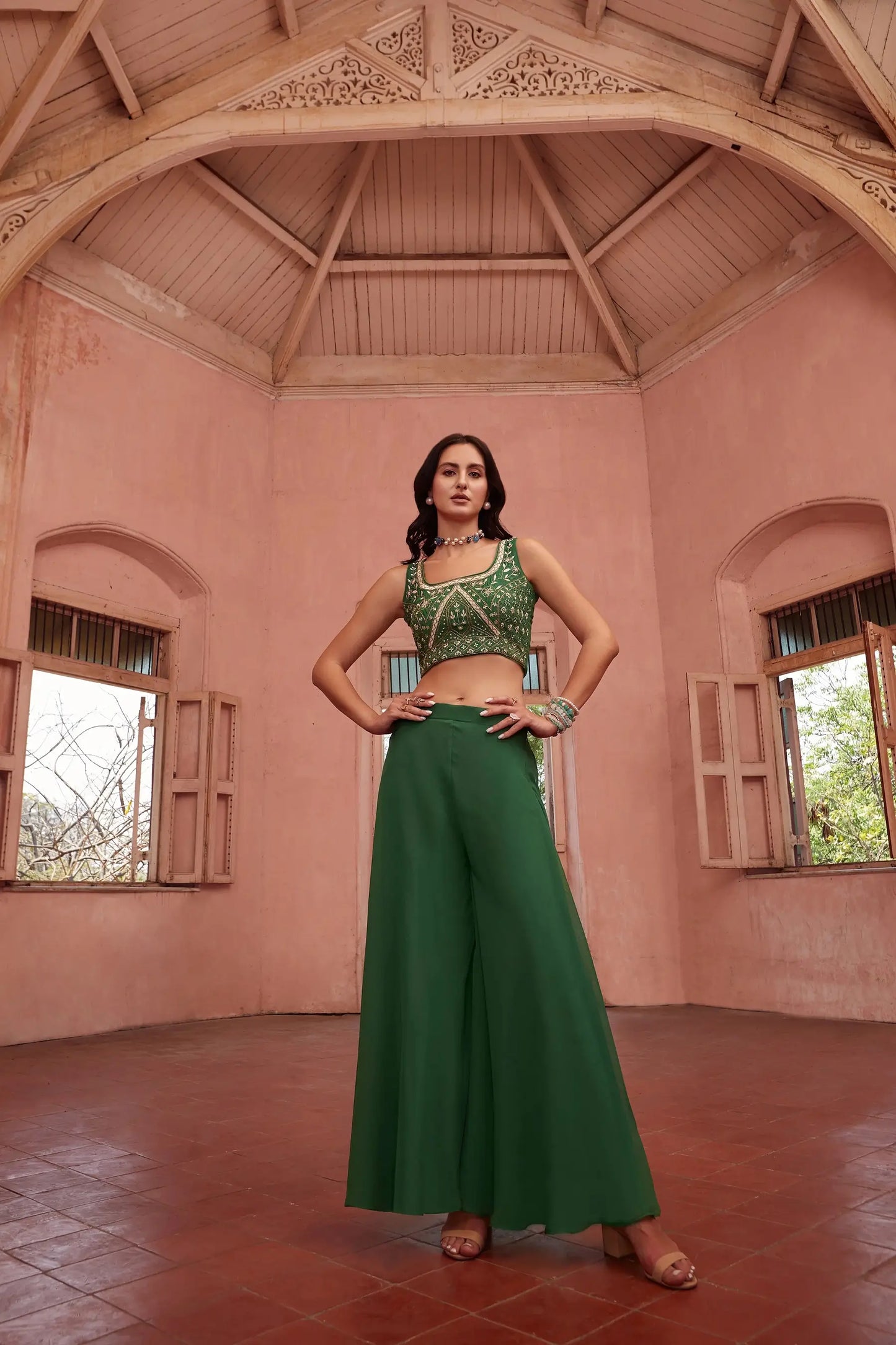 Mehendi Green Stylish Indo Western Hand Embroidered Work With Long Shrug