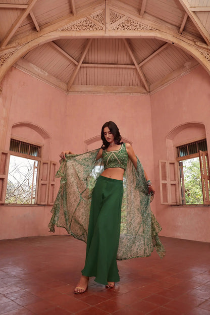 Mehendi Green Stylish Indo Western Hand Embroidered Work With Long Shrug