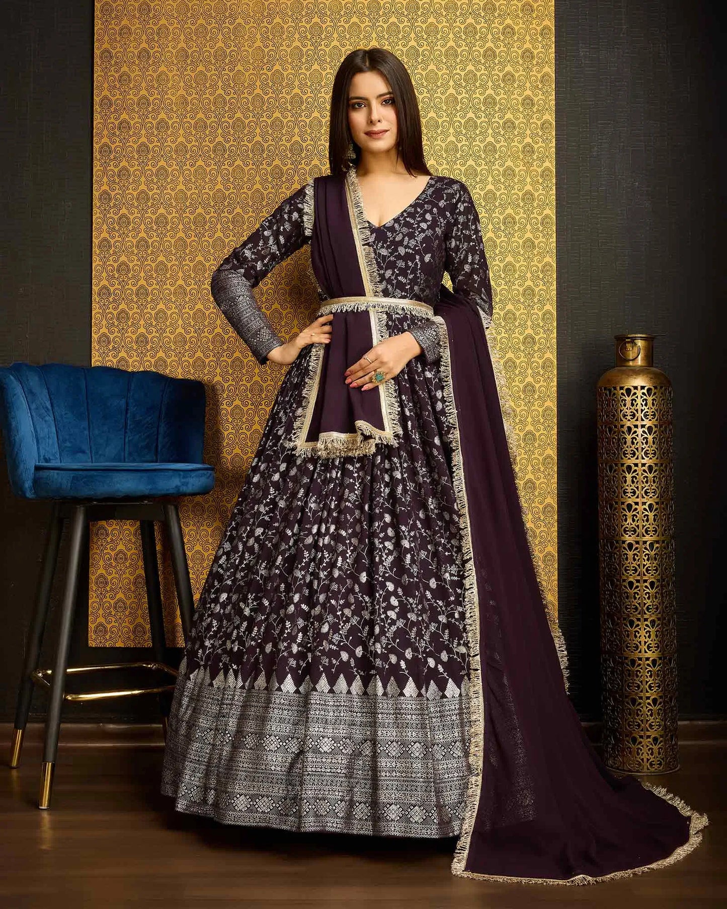 Purple Georgette Metalic Foil Work Gown With Dupatta