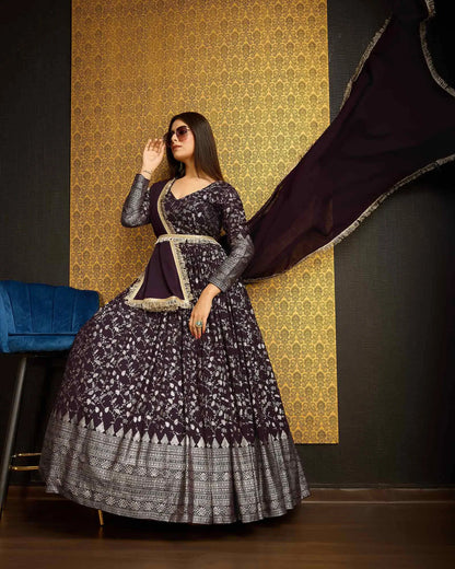 Purple Georgette Metalic Foil Work Gown With Dupatta