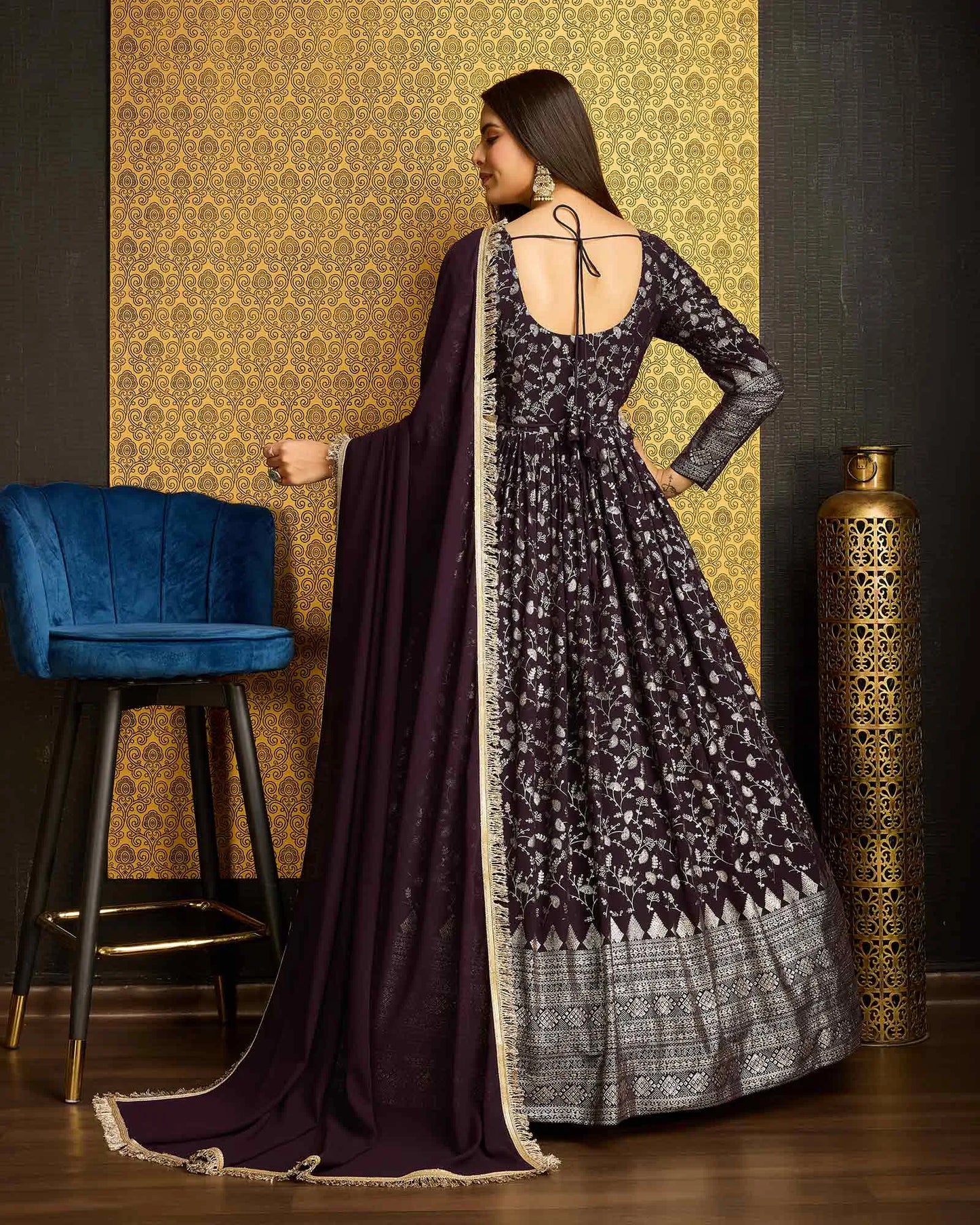Purple Georgette Metalic Foil Work Gown With Dupatta