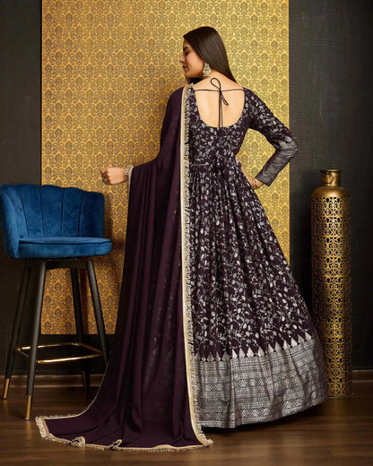 Purple Georgette Metalic Foil Work Gown With Dupatta