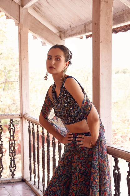 Navy Blue Georgette Hand Embroidered Work Stylish Indo Western Sharara Cap Set