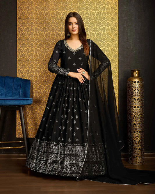 Black Georgette Metalic Foil Work Gown With Dupatta