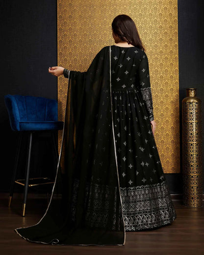 Black Georgette Metalic Foil Work Gown With Dupatta
