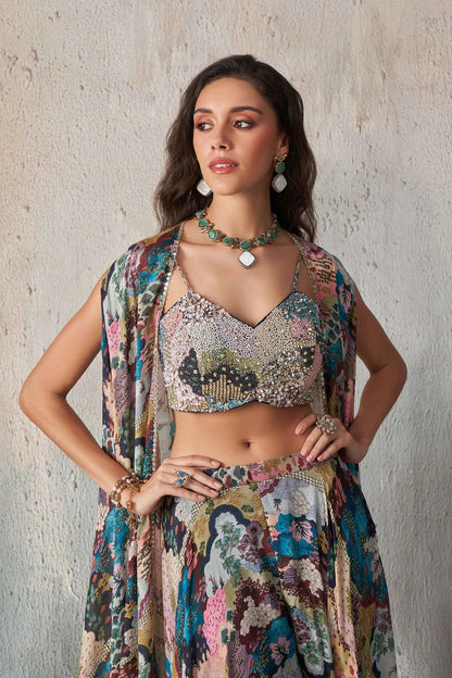 Multi Color Blue Printed With Hand Work Indo Western With Long Shrug