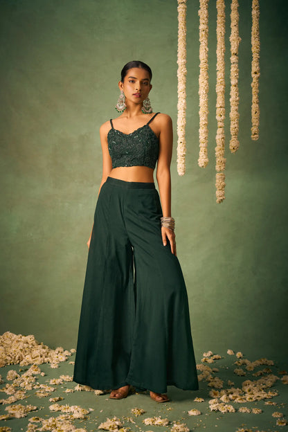 Dark Green Indo Western Khatli Work Blouse With Sharara And Cap