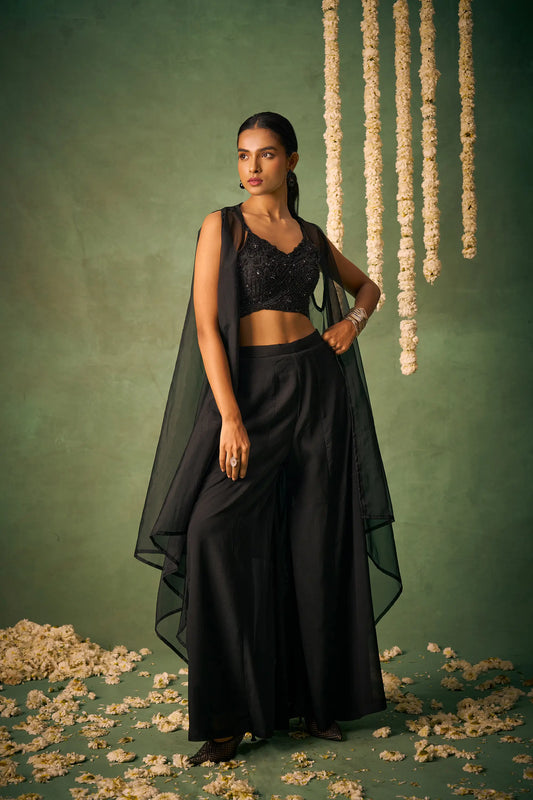 Black Indo Western Khatli Work Blouse With Sharara And Cap
